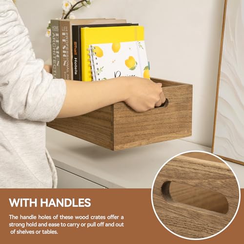 KIRIGEN Nesting Wooden Crates with Portable Handles for Home Organizer - Wood Rustic Decor Farmhouse Boxes / Basket Rolling Trays set of 3 Dark Brown - Image 4