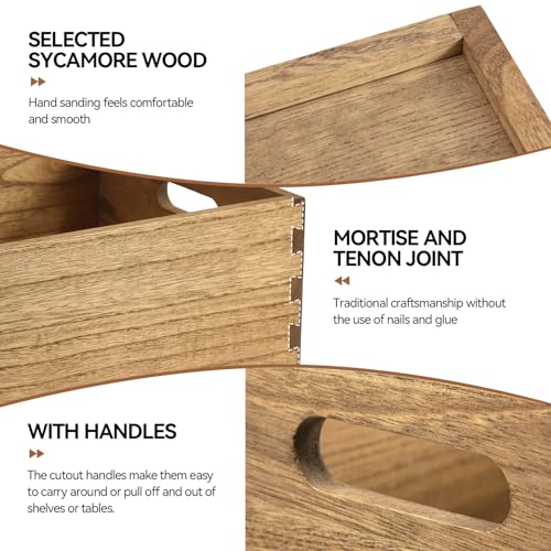 KIRIGEN Nesting Wooden Crates with Portable Handles for Home Organizer - Wood Rustic Decor Farmhouse Boxes / Basket Rolling Trays set of 3 Dark Brown - Image 3