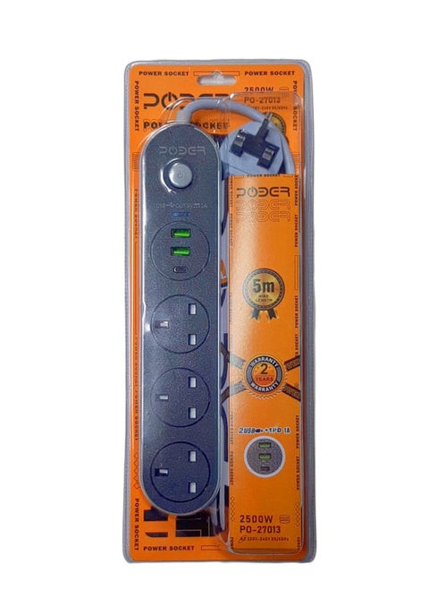 Multifunctional electric Power Socket 5 meters 2500W 3 plug, 2 PCS USB, 1 PD Fast Charger