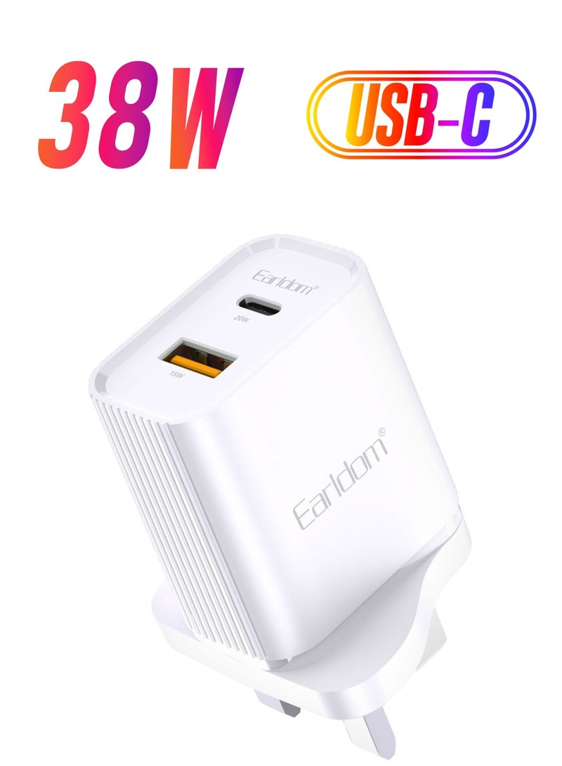 Earldom 38W PD QC3.0 USB Wall Charger – UK 3 Pin Plug Type-C Fast Charging Adapter for iPhone 16 & More - Image 1