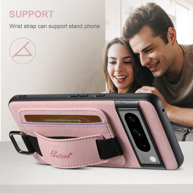 Suteni For Google Pixel 9 H13 Litchi Leather Wrist Strap Wallet Back Phone Case(Pink) - Image 2