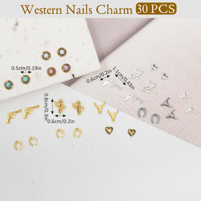 Ohmique 30 PCS Western Nail Charms - 3D Vintage Cowboy Cowgirl Nail Charms, Turquoise, Gold, Silver, Pink, Blue Retro Metal Gem Western Art Stickers Accessories for DIY - Image 2