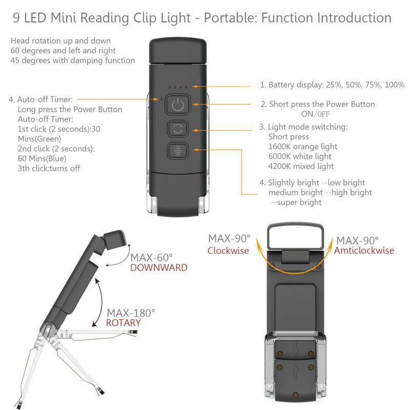 مصباح قراءة LED قابل لإعادة الشحن عبر USB، مصباح كتب محمول يُثبت بالمشبك، مصباح ليلي لحماية العينين مع 3 درجات حرارة لونية و 5 مستويات سطوع قابلة للتعديل ووظيفة إيقاف التشغيل بمؤقت، لعشاق الكتب وهواة القراءة. - Image 2