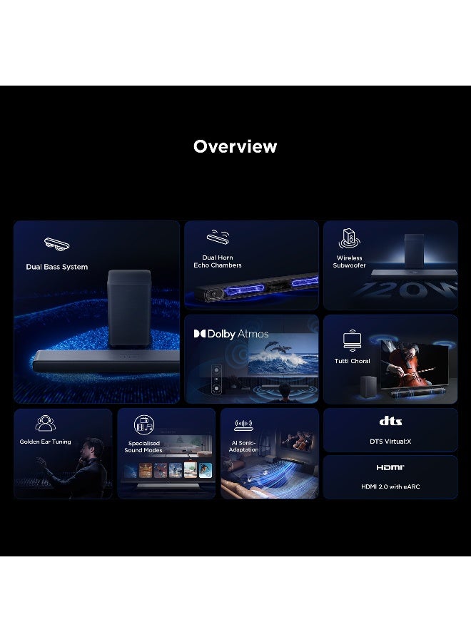تي سي إل شريط صوت TCL 2.1 قناة دولبي أتموس مع مضخم صوت لاسلكي، DTS Virtual:X، تكيف صوتي بالذكاء الاصطناعي، توتي كورال، باس عميق وقوي، S55H - Image 3
