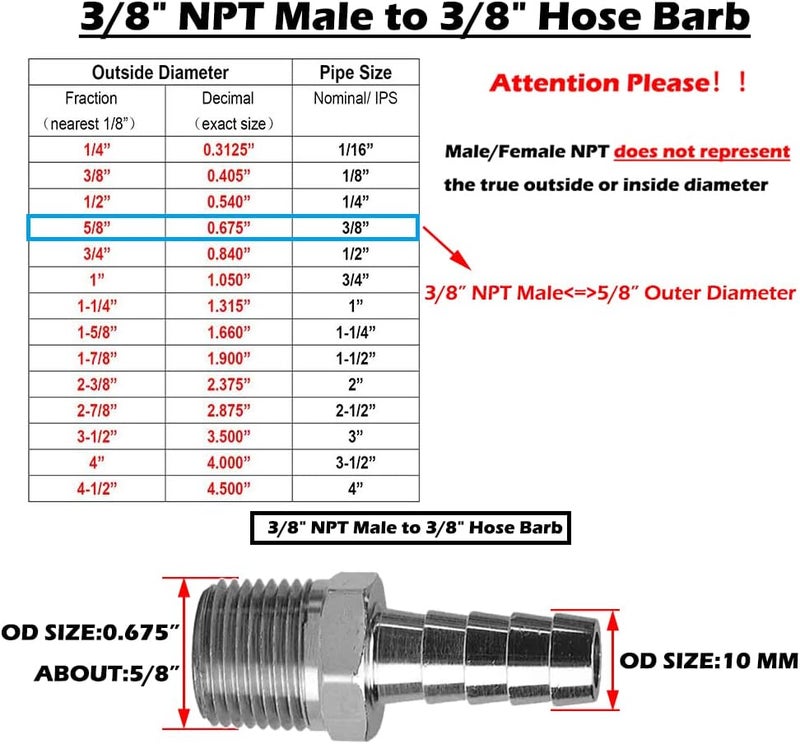 beduan Stainless Steel 3/8" Hose Barb to 3/8" Male NPT Home Brew Fitting Water Fuel Air (Pack of 2) - Image 2