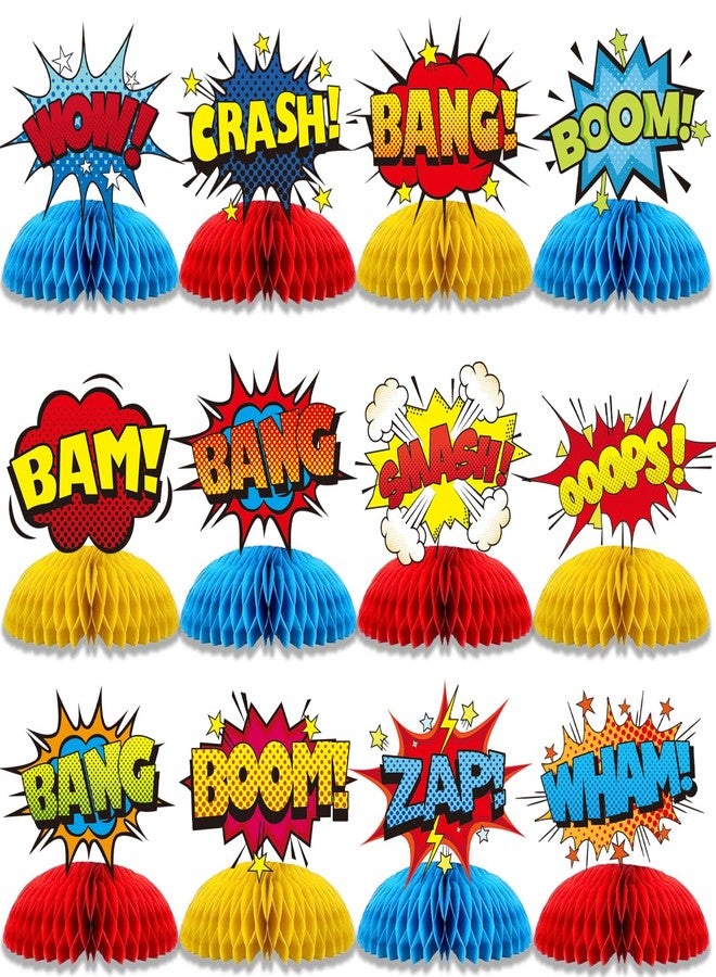 Pretyps 12 Pcs Hero Table Honeycomb Centerpieces, Hero Theme Happy Birthday Party Decorations for Women Men, Fun Action Standing Card Party Decor Party Supplies - Image 1