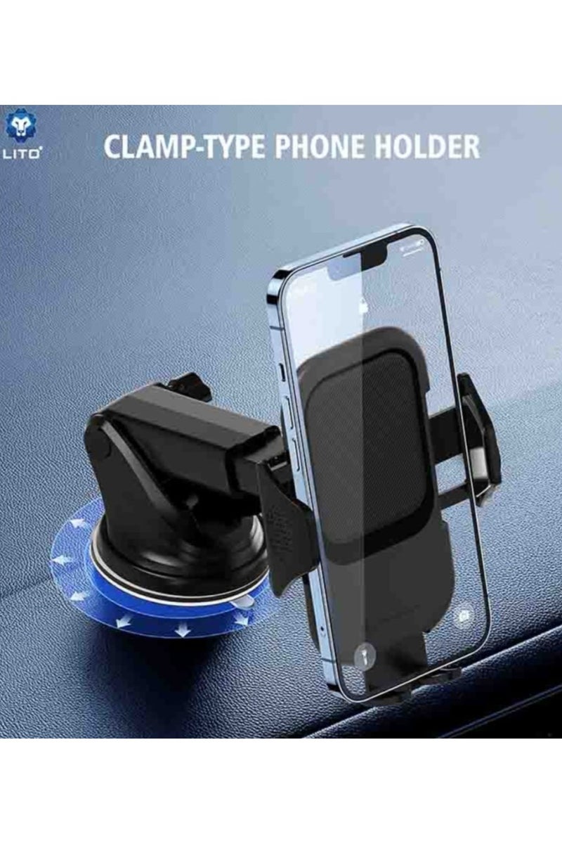 Lito Clamp-Type Car Phone Holder - LT-W10 Keep your phone securely within reach while driving with the LITO Clamp-Type Phone Holder! This holder features an innovative design based on a mechanical grip system to easily hold your phone, with a powerful suction base that adheres to the windshield. It supports 360-degree rotation for smooth angle adjustment and is constructed from durable materials with non-slip rubber pads for stability. It's ideal for everyday use with any smartphone. - Image 3