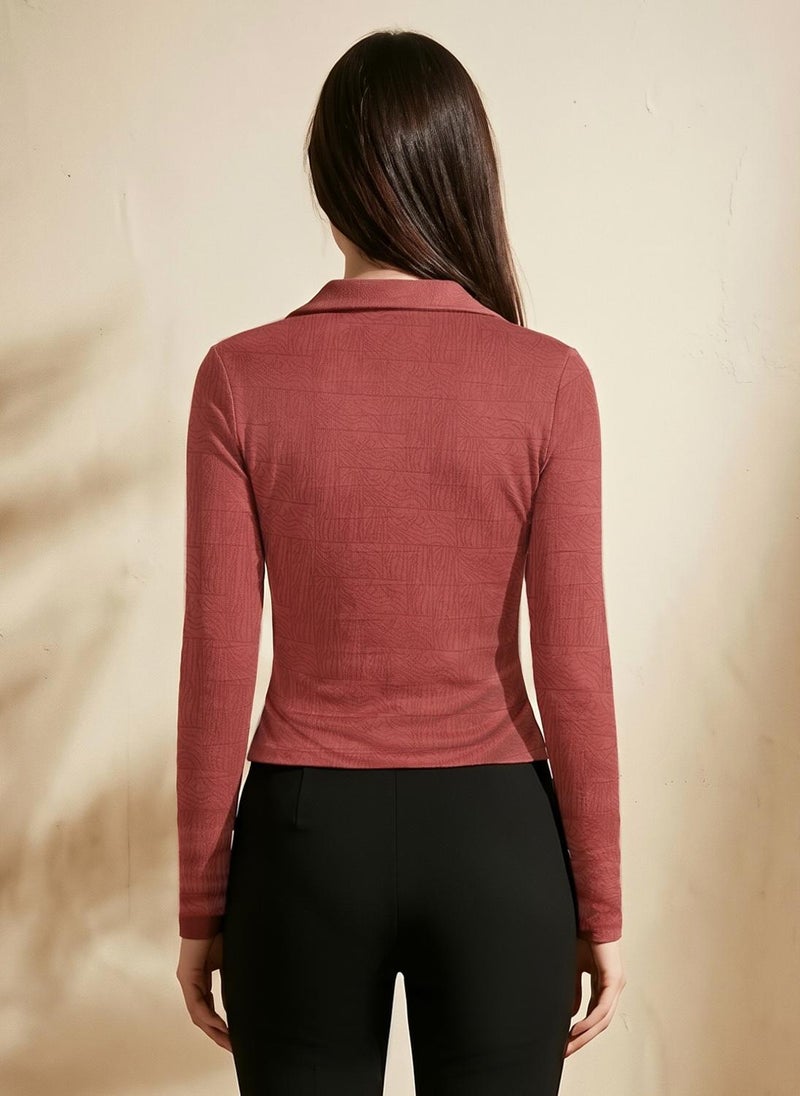 Globus Women Rust Self Design Collared Neck Long Sleeves Casual Top - Image 4