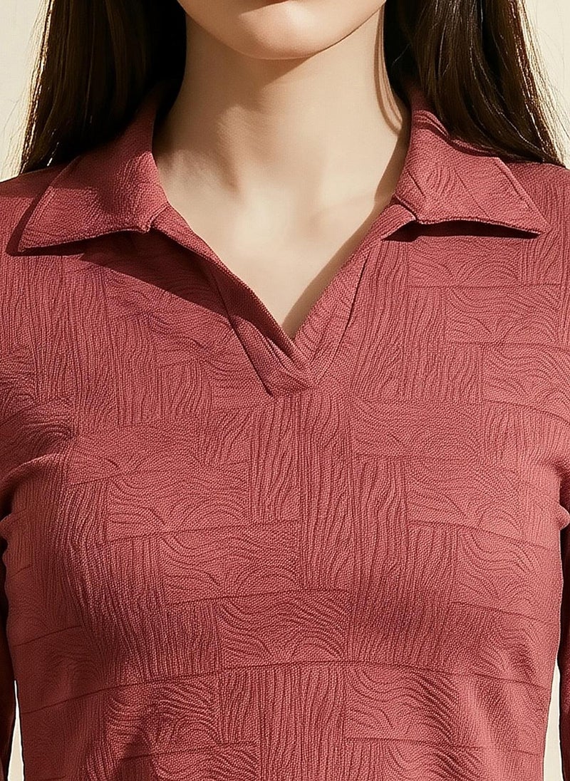 Globus Women Rust Self Design Collared Neck Long Sleeves Casual Top - Image 5