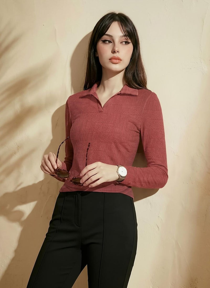 Globus Women Rust Self Design Collared Neck Long Sleeves Casual Top - Image 1