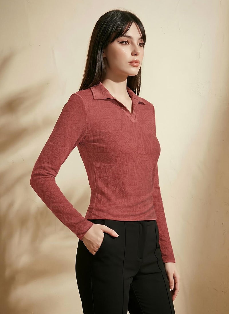 Globus Women Rust Self Design Collared Neck Long Sleeves Casual Top - Image 3