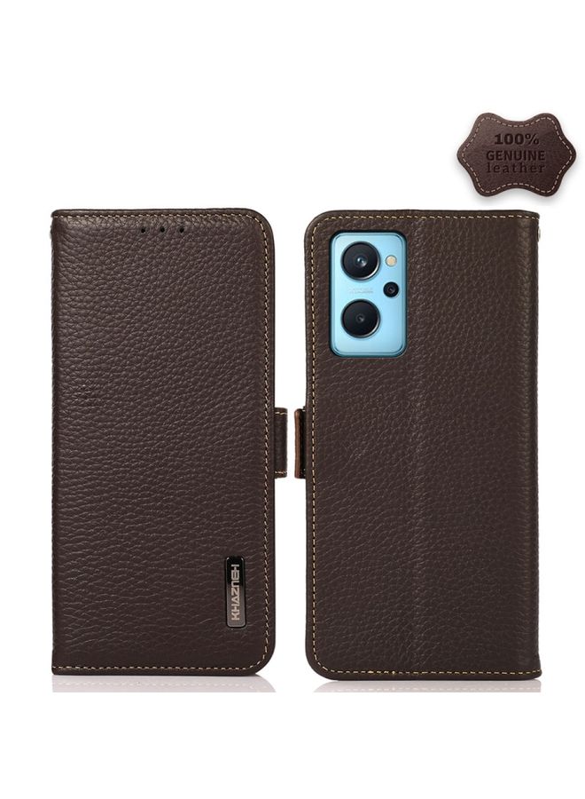 BGM Case Cover For Realme 9i KHAZNEH Side-Magnetic Litchi Genuine Leather RFID Phone Case Brown