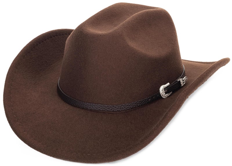 Eohak Womens Western Cowboy Hats Studded Pinched Western Cowgirl Hats Wide Brim Fedoras Hat with Belt Buckle (Size:Medium) Coffee - Image 1