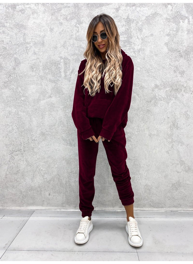NIBEMINENT Women Sweatshirts Two Pieces Pant Sets Hooded Pocket Top Pullover Pencil Pants Thick Spliced Solid Casual Sporty Suits - Image 3