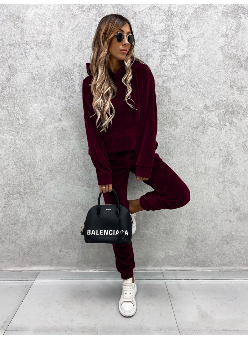 NIBEMINENT Women Sweatshirts Two Pieces Pant Sets Hooded Pocket Top Pullover Pencil Pants Thick Spliced Solid Casual Sporty Suits - Image 1
