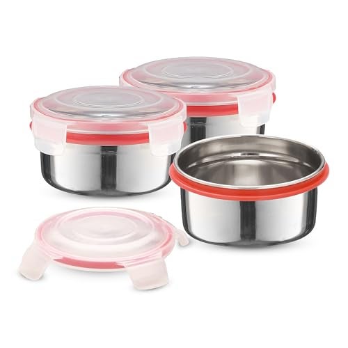 Trueware Clip N Close Smart Lock Stainless Steel Lunch Box | Durable, Airtight, BPA Free, 100% Food Grade | Versatile | for Office, for Men and Wowmn | 350 ml Each | Set of 3 - Image 1