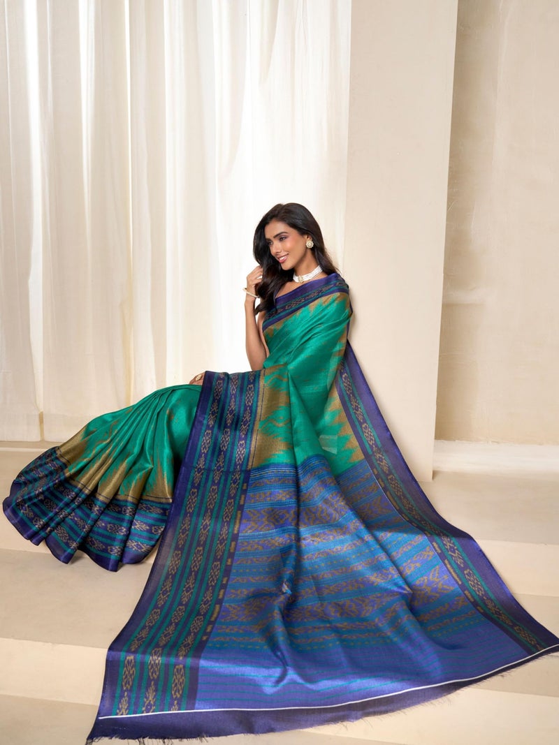 EthnicJunction Women's Cotton Silk Ikkat Print Saree With Blouse Piece (Rama) - Image 3
