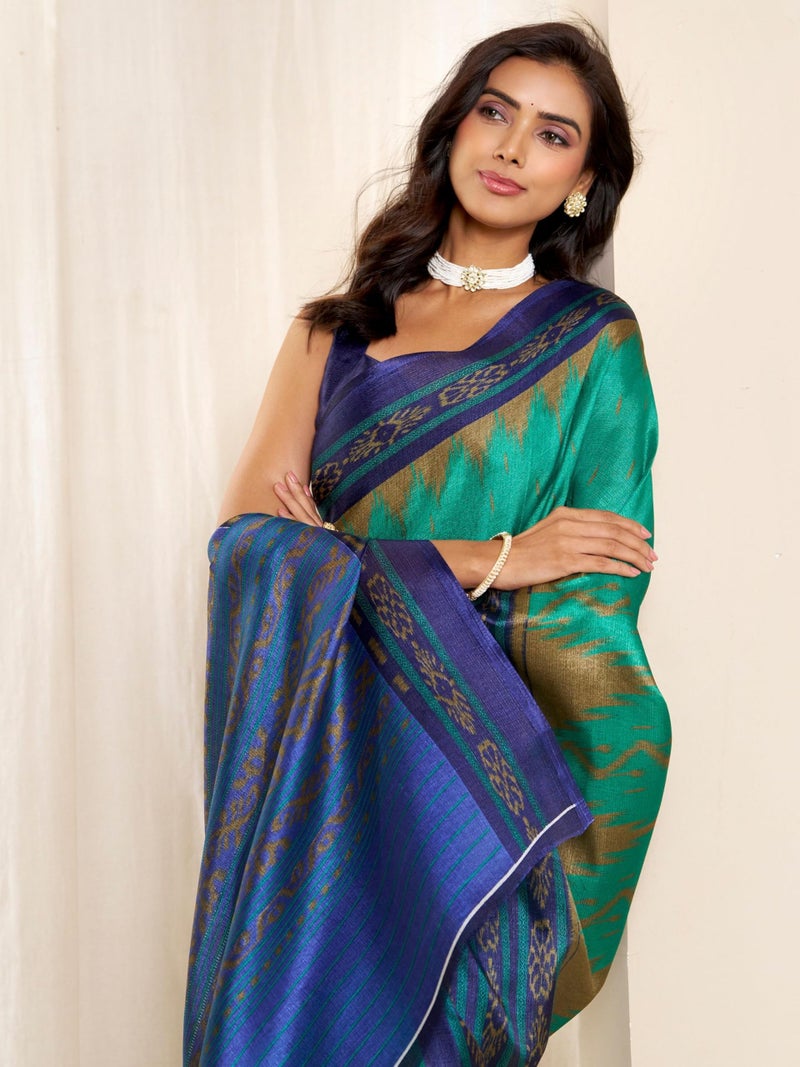 EthnicJunction Women's Cotton Silk Ikkat Print Saree With Blouse Piece (Rama) - Image 2