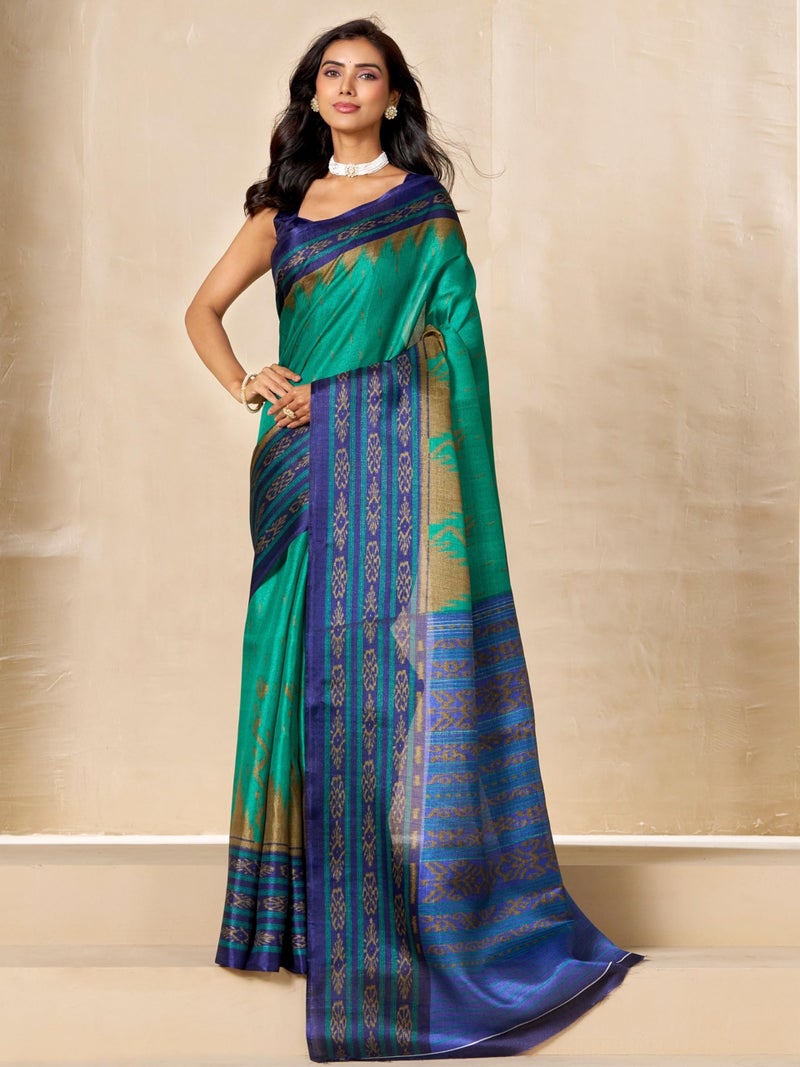 EthnicJunction Women's Cotton Silk Ikkat Print Saree With Blouse Piece (Rama) - Image 5