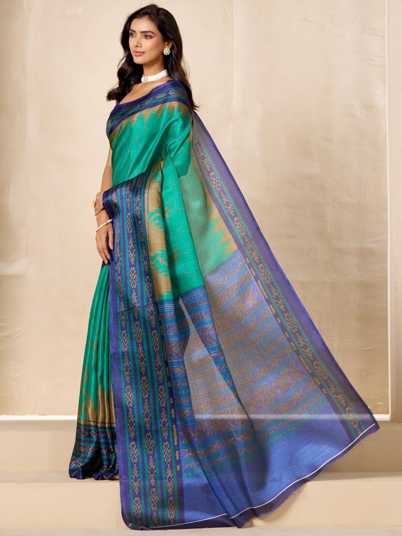 EthnicJunction Women's Cotton Silk Ikkat Print Saree With Blouse Piece (Rama) - Image 4