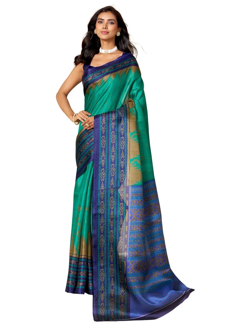 EthnicJunction Women's Cotton Silk Ikkat Print Saree With Blouse Piece (Rama) - Image 1