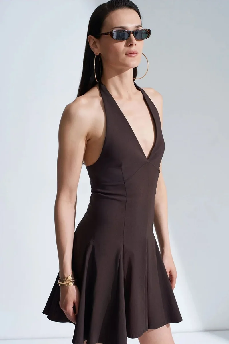 Dilvin Coffee Brown DILVIN Halter Neck Skater Mini Dress for Women | Best Price UAE
