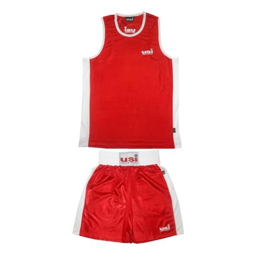 USI UNIVERSAL Boxing Dress for Men, Boxing Uniform Sleeveless Vest & Shorts Set, Boxing Dress for Training Punching, Sparring Fitness Gym Kickboxing Shorts Men (Red, Size 36) - Image 1