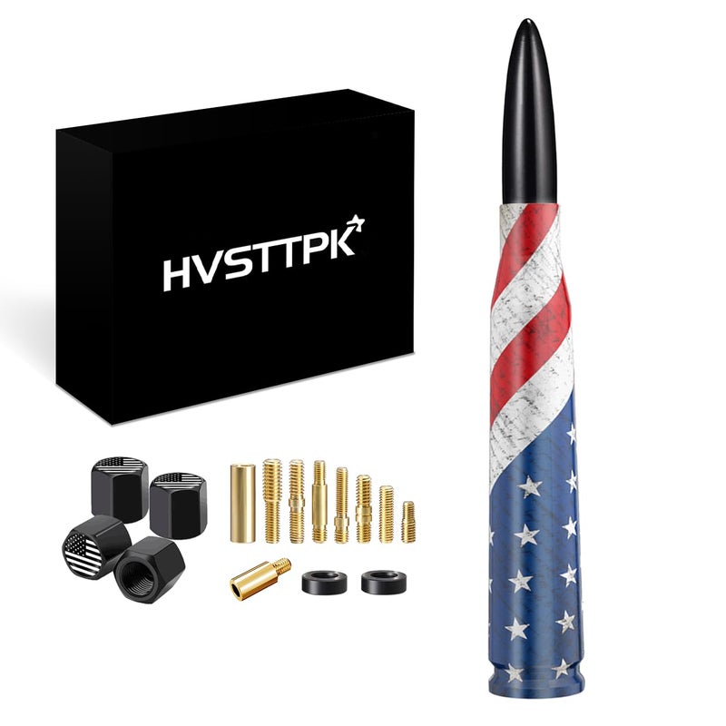 HVSTTPK Car Truck Bullet Antenna with Valve Stem Caps for F150 F250 F350 Super Chevrolet Duty Raptor Dodge Ram 1500 2500 3500,Pickup Jeep Accessoriesï¼ˆBlack ï¼‰- American Flag Design-Car Wash Safe - Image 1