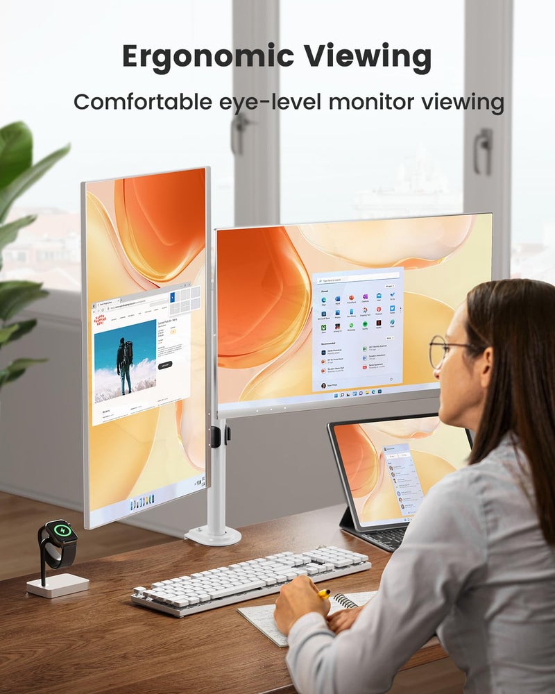 ErGear Fully Adjustable Dual Monitor Mount for 2 Screens up to 32 Inches, Holds up to 17.6 lbs Each Arm, Desk Stand, White - Image 3