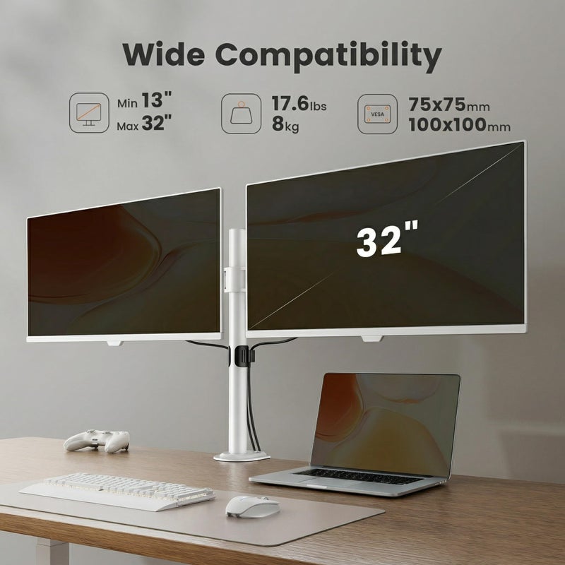 ErGear Fully Adjustable Dual Monitor Mount for 2 Screens up to 32 Inches, Holds up to 17.6 lbs Each Arm, Desk Stand, White - Image 2
