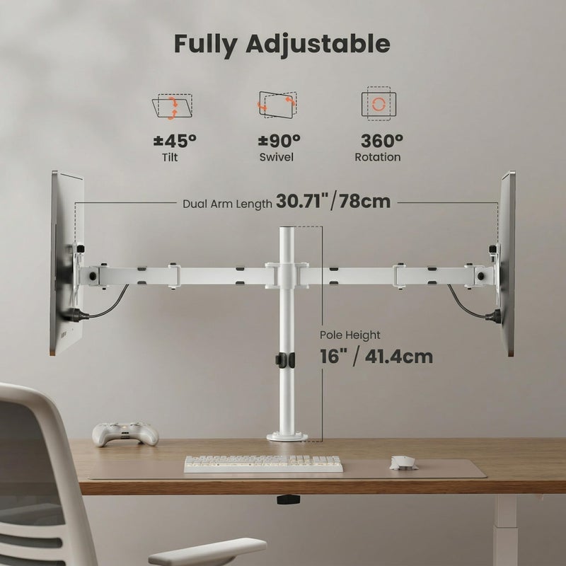 ErGear Fully Adjustable Dual Monitor Mount for 2 Screens up to 32 Inches, Holds up to 17.6 lbs Each Arm, Desk Stand, White - Image 4