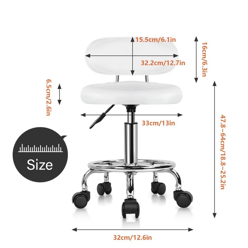 KKTONER PU Leather Modern Rolling Stool with Low Back Height Adjustable Work Salon Drafting Swivel Task Chair with Footrest (White) - Image 3