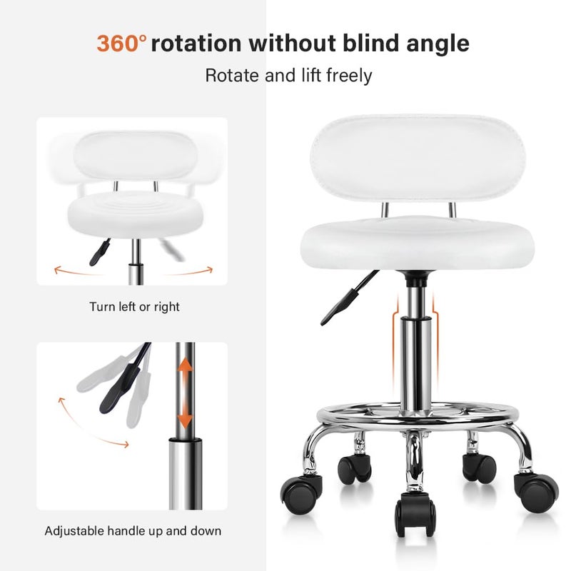 KKTONER PU Leather Modern Rolling Stool with Low Back Height Adjustable Work Salon Drafting Swivel Task Chair with Footrest (White) - Image 4