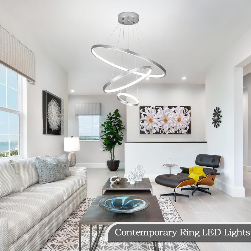 Modern LED Chandelier with 3 Adjustable Halo Rings – Dimmable Ceiling Pendant Light Fixture for Living Room, Dining Room & Foyer (WHITE) - Image 3