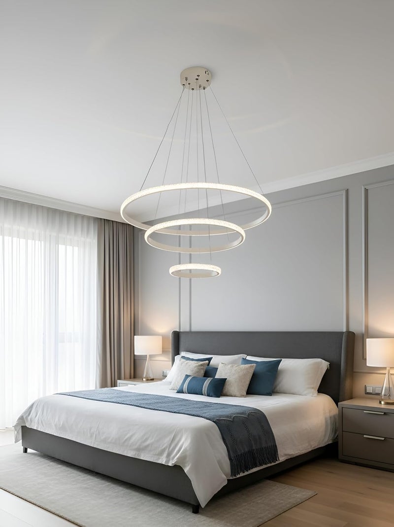 Modern LED Chandelier with 3 Adjustable Halo Rings – Dimmable Ceiling Pendant Light Fixture for Living Room, Dining Room & Foyer (WHITE) - Image 1