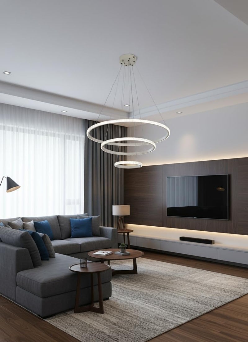 Modern LED Chandelier with 3 Adjustable Halo Rings – Dimmable Ceiling Pendant Light Fixture for Living Room, Dining Room & Foyer (WHITE) - Image 2