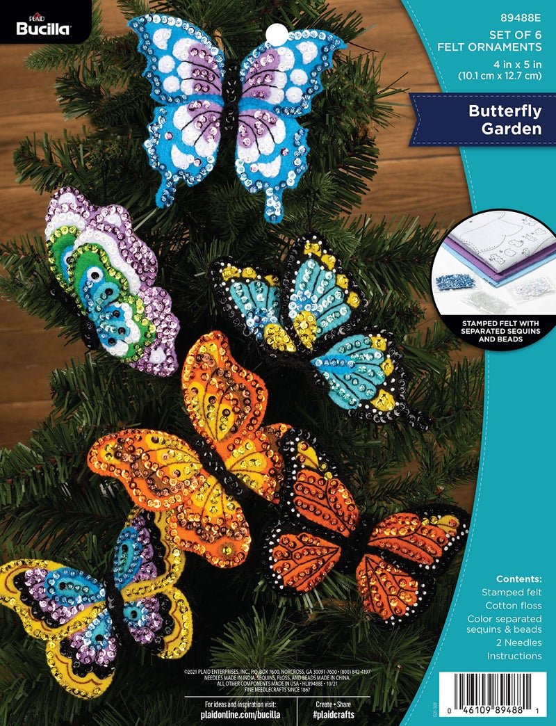 Bucilla Bucilla Felt Applique 6 Piece Ornament Making Kit Butterfly Garden Perfect for DIY Arts and Crafts 89488E 