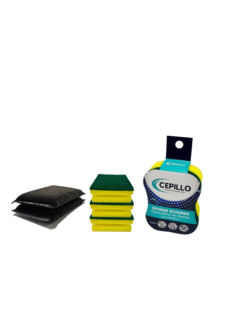 CEPILLO 6Pcs Kitchen Cleaning Set | 1pcs High Foam Sponge Scourer/Sponges | 2Pcs Metallic Scouring Scrubbers | 3Pcs Classic Sponge Scourer/Dishwashing Sponges For Kitchen  - Image 1