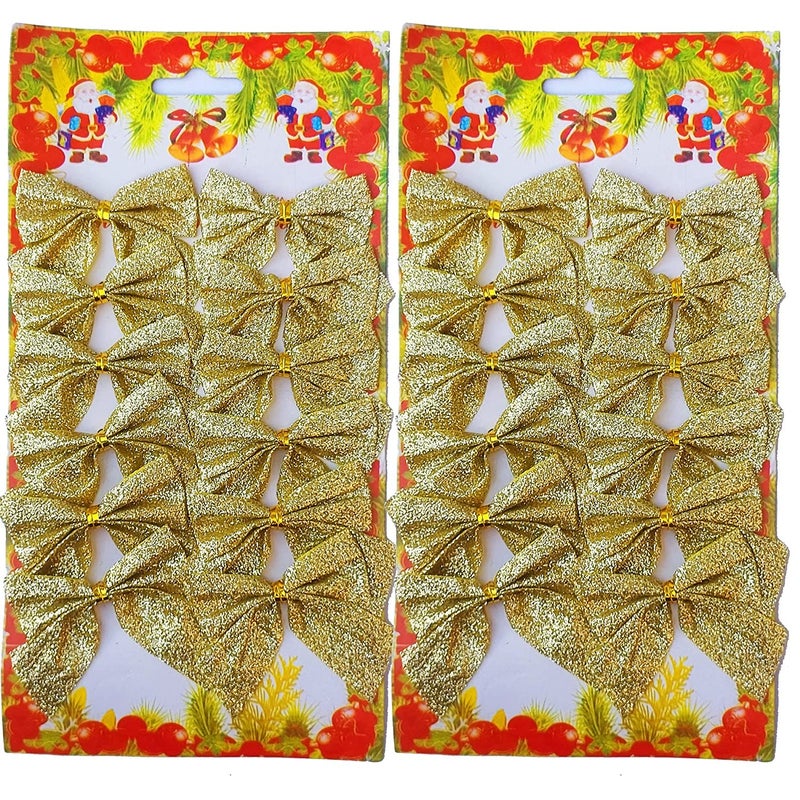 Partunay Set of 24 Pcs Golden Glitter Tie Bows Christmas Tree Xmas Tree Decoration Hanging Ornaments Christmas Decoration Items Christmas Xmas Tree Decor