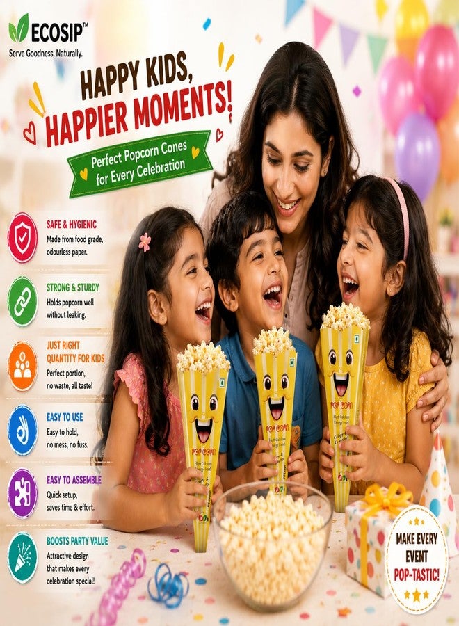 ECOSIP Empty Popcorn Cone CUPS Paper Basket,Box Empty KIDS SNACKS CONTAINER Disposable (50) Smile Yellow New - Image 3