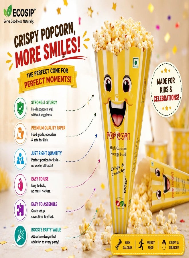 ECOSIP Empty Popcorn Cone CUPS Paper Basket,Box Empty KIDS SNACKS CONTAINER Disposable (50) Smile Yellow New - Image 2