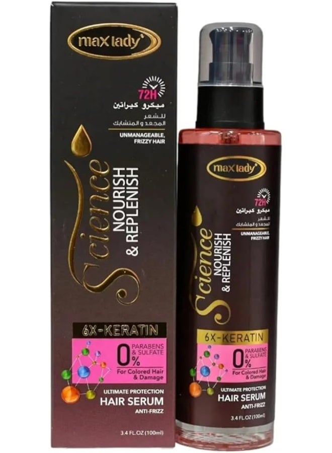 Science Nourish and Replenish 6X-Keratin Hair Serum, Anti-Frizz, Ultimate Protection for Hair, Paraben-Free, 100ml