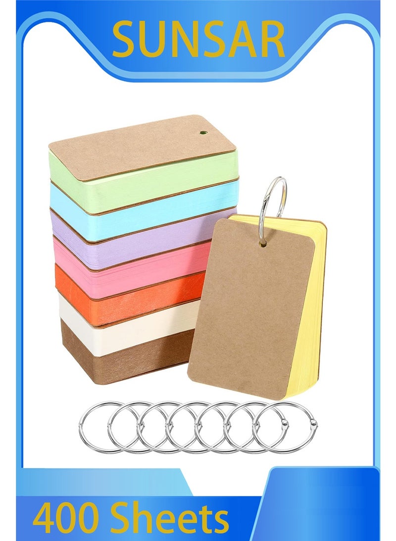 SUNSAR 400 Sheets White Blank Flash Cards with Binder Rings,3.5 x 2.2 Inch Index Cards, Small Note Cards Study Cards Learning Cards Kraft Paper Cards (Multicolor,  8 Pack ) - Image 1