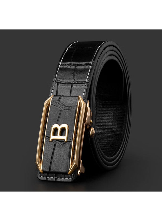 Cow Men's Genuine Leather Belt With Toothless Automatic Buckle Youth Cowhide Waist Belt Gift For Boyfriend 919 Black Gold Buckle - Image 1