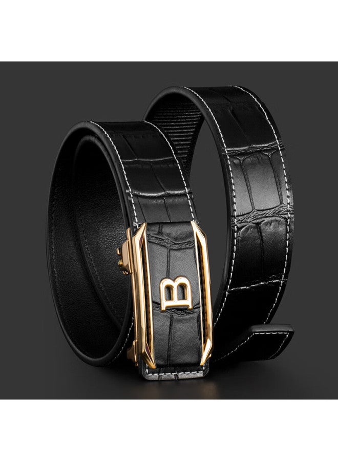 Cow Men's Genuine Leather Belt With Toothless Automatic Buckle Youth Cowhide Waist Belt Gift For Boyfriend 919 Black Gold Buckle - Image 2