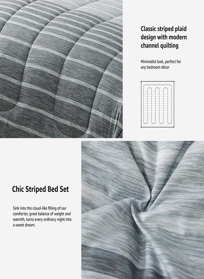 Monbix Queen Comforter Set - 7 Pieces Bed in a Bag Queen, Grey-Stripe Bedding Sets, All Seasons Down Alternative Comforter Bed Set with Sheets, Pillowcases & Shams - Image 5