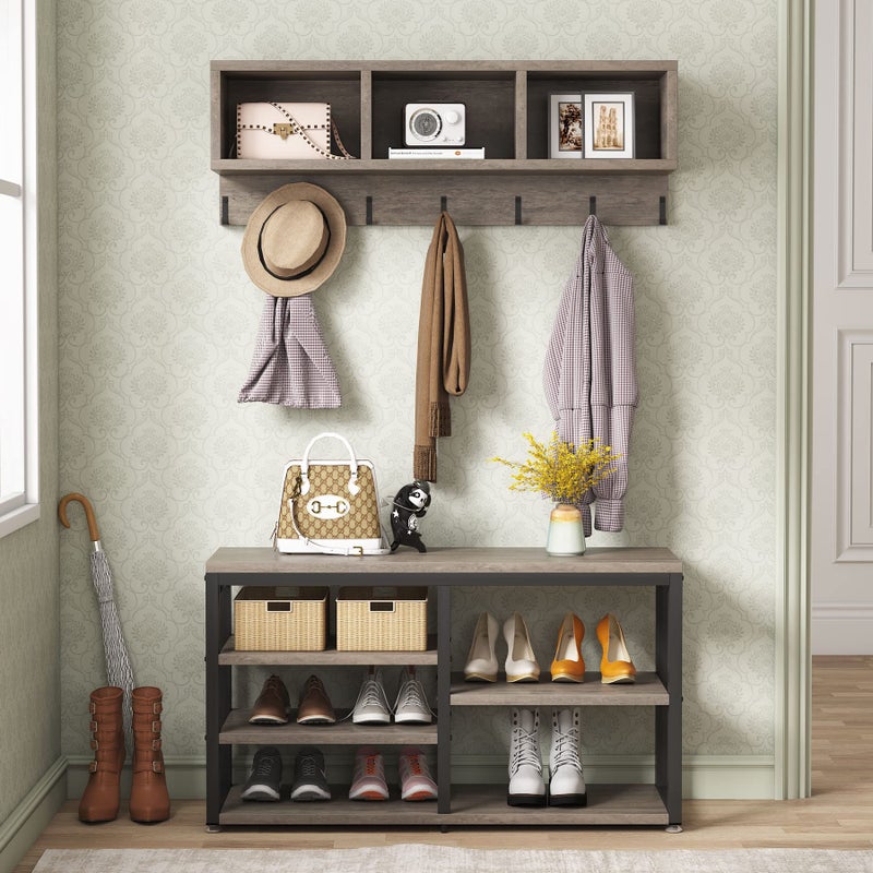 Tribesigns Tribesigns Coat Rack Shoe Bench Set Industrial Hall Tree with 3 Storage Cubbies 7 Hooks for Entryway Hallway 5in1Design Vintage Grey