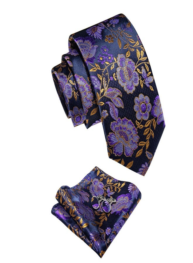 YourTies Silk Paisley Floral Tie and Pocket Square Cufflinks with Lapel Pin Sets for Men 5PC Wedding Party, Purple Floral, M - Image 2