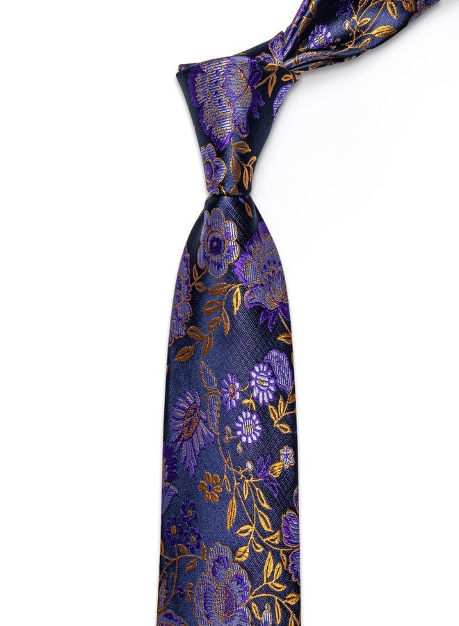 YourTies Silk Paisley Floral Tie and Pocket Square Cufflinks with Lapel Pin Sets for Men 5PC Wedding Party, Purple Floral, M - Image 4