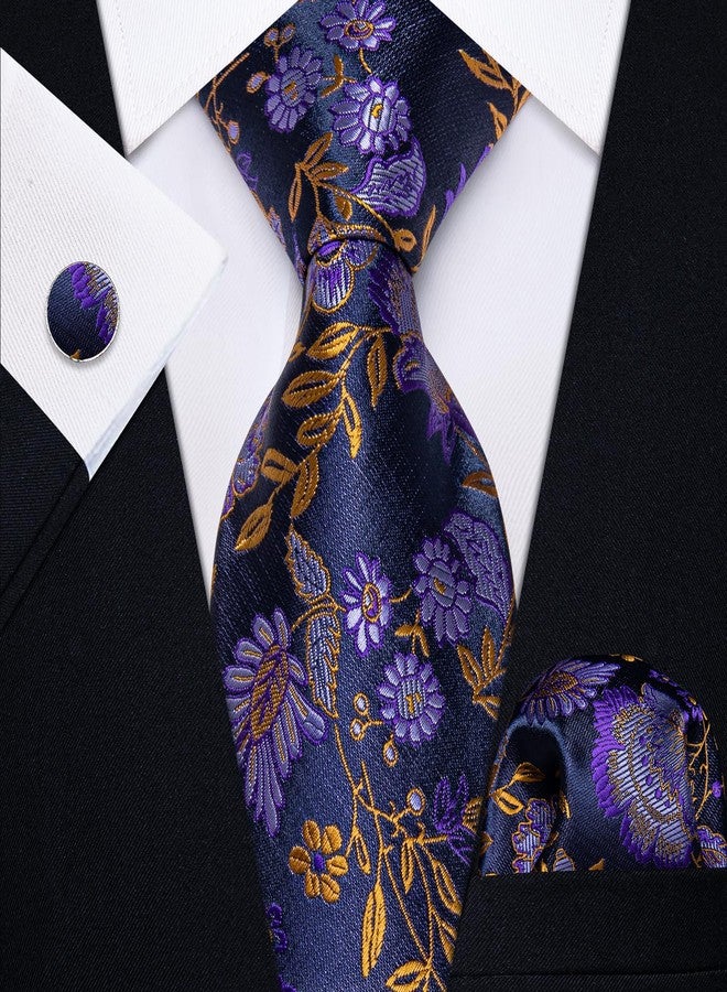 YourTies Silk Paisley Floral Tie and Pocket Square Cufflinks with Lapel Pin Sets for Men 5PC Wedding Party, Purple Floral, M - Image 5